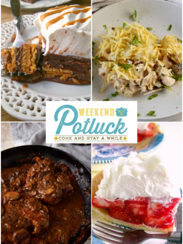 This is a four photo collage showing an image of each recipe featured this week - Easy Diner-Style Strawberry Pie, Smothered Pork Chops with Mushroom Gravy, Ultimate Chicken Casserole and Chocolate Nutter Butter Icebox Cake.