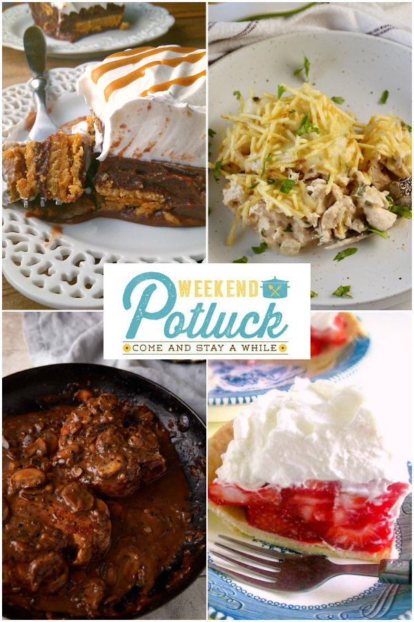 This is a four photo collage showing an image of each recipe featured this week - Easy Diner-Style Strawberry Pie, Smothered Pork Chops with Mushroom Gravy, Ultimate Chicken Casserole and Chocolate Nutter Butter Icebox Cake.