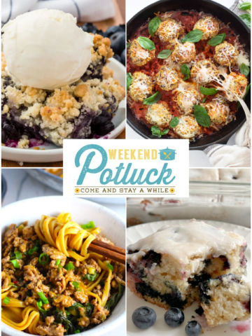 This is a four photo collage showing an image of each recipe featured this week - Easy Blueberry Crisp, Ground Chicken Dan Dan Noodles, Cheesy Baked Chicken Parmesan Meatballs and Lemon Blueberry Crazy Cake.