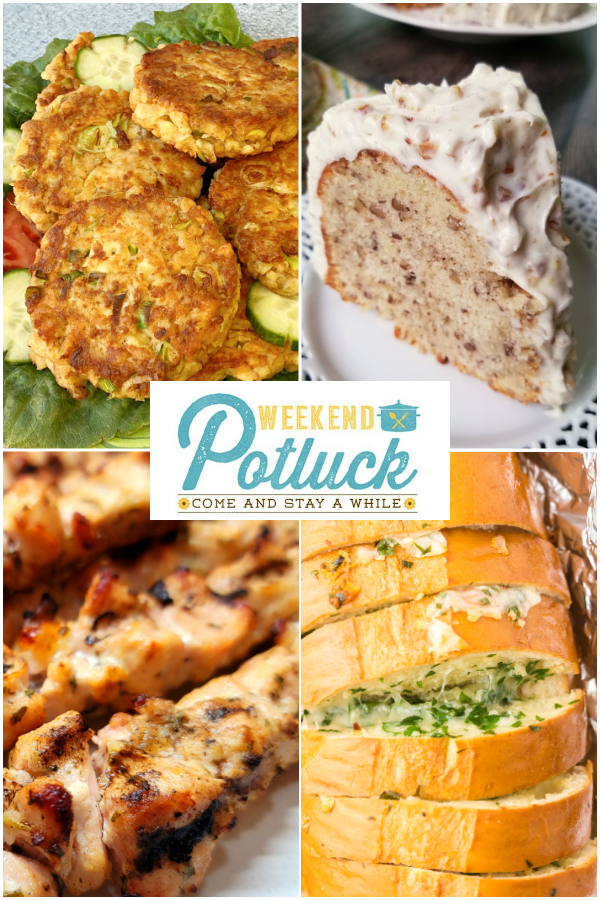This is a 4 photo collage showing an image of each recipe featured this week - Easy Salmon Patties, Cheesy Stuffed Garlic Bread, Lemon Garlic Chicken Skewers, and Pecan Cream Pound Cake. 