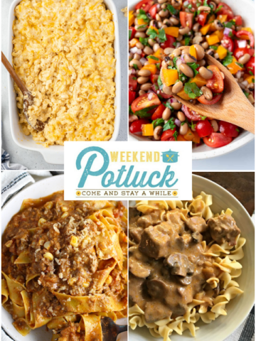 This is a 4 photo collage showing a picture of each recipe featured this week - Ultimate 6 Cheese Macaroni and Cheese, Southwestern Pasta with Ground Beef and Corn, Black Eyed Pea Salad and easy Slow Cooker Beef Stroganoff.