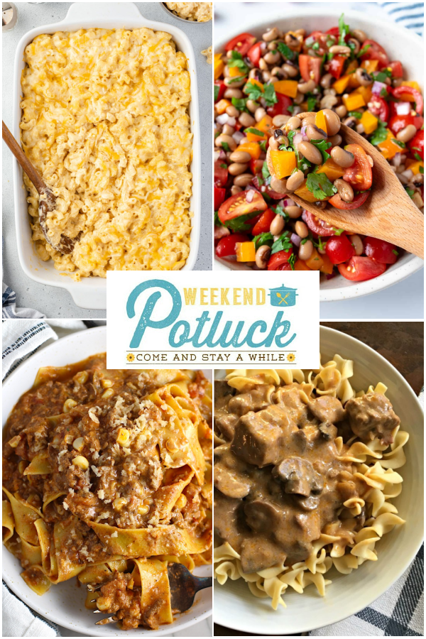 This is a 4 photo collage showing a picture of each recipe featured this week - Ultimate 6 Cheese Macaroni and Cheese, Southwestern Pasta with Ground Beef and Corn, Black Eyed Pea Salad and easy Slow Cooker Beef Stroganoff.