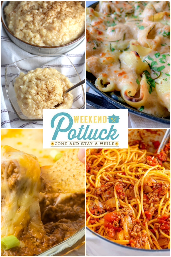 This is a 4 photo collage showing an image of each recipe featured this week - Rice Pudding with Sweetened Condensed Milk, Easy Four Cheese Stuffed Shells, Hot Taco Dip and Cowboy Spaghetti.