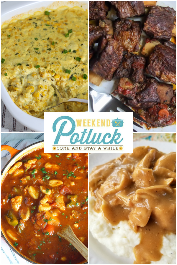 This photo shows an image of each recipe featured this week - Corn Casserole with Cream Cheese, Easy Chicken Goulash with Dumplings, Beer Braised Short Ribs and Crock Pot Chicken and Gravy.