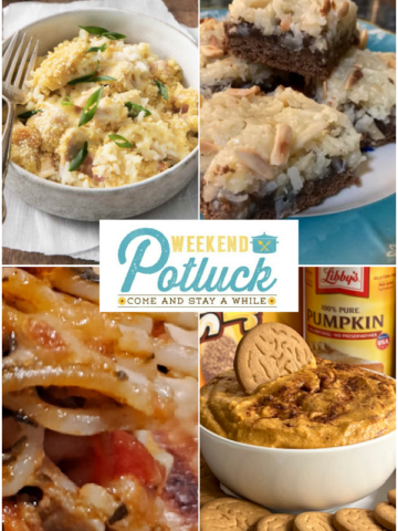 This is a four photo collage showing an image of each recipe featured this week - Knock Your Socks Off Spaghetti Bake, Almond Joy Bars, Chicken Cordon Bleu Casserole, and Easy Pumpkin Cheesecake Dip.