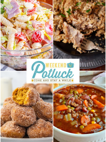 This is a 4 photo collage showing a picture of each recipe featured this week - Country Beef Vegetable Soup, Air fryer Pumpkin Donut Holes, Crock Pot Pork Chops with Mushroom Soup and Italian Grinder Pasta Salad.