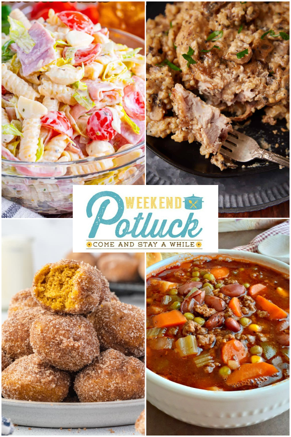 This is a 4 photo collage showing a picture of each recipe featured this week - Country Beef Vegetable Soup, Air fryer Pumpkin Donut Holes, Crock Pot Pork Chops with Mushroom Soup and Italian Grinder Pasta Salad.