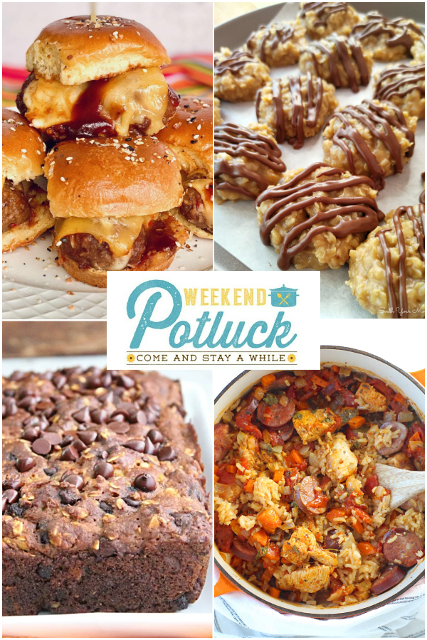 This is a 4 photo collage showing an image of each recipe featured this week - Cheesy Meatball Sliders, Chocolate Chip Pumpkin Oatmeal Bread, Dutch Oven Chicken and Rice and No-Bake Peanut Butter Oatmeal Cookies.