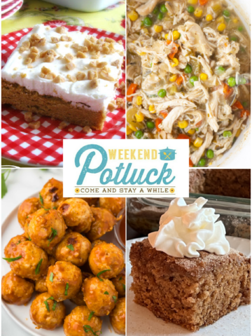 This is a 4 picture collage showing an image of each recipe featured at this week's party -Slow Cooker Chicken Pot Pie, Pumpkin Sugar Cookie Bars, The Honey Bourbon Meatballs and Apple Cider Crazy Cake.