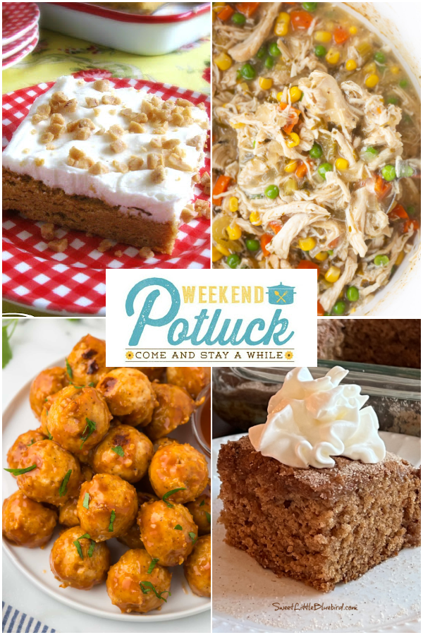 This is a 4 picture collage showing an image of each recipe featured at this week's party -Slow Cooker Chicken Pot Pie, Pumpkin Sugar Cookie Bars, The Honey Bourbon Meatballs and Apple Cider Crazy Cake. 
