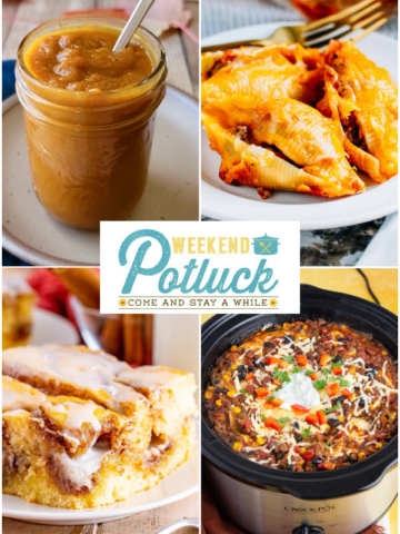 This is a four photo collage showing a picture of each recipe featured at this week's party - Pumpkin Butter, Slow Cooker Mexican Casserole, Mexican Stuffed Shells and Cinnamon Roll Cake.
