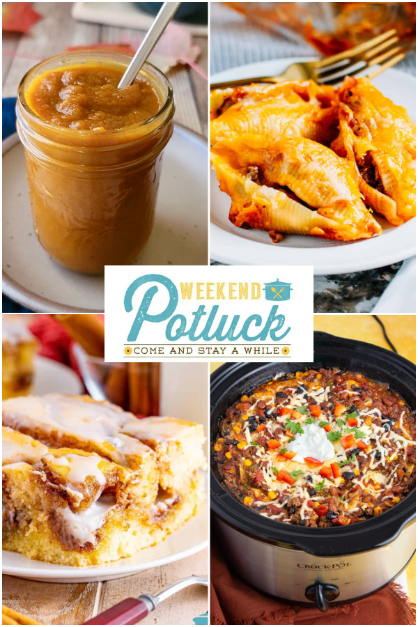 This is a four photo collage showing a picture of each recipe featured at this week's party - Pumpkin Butter, Slow Cooker Mexican Casserole, Mexican Stuffed Shells and Cinnamon Roll Cake.