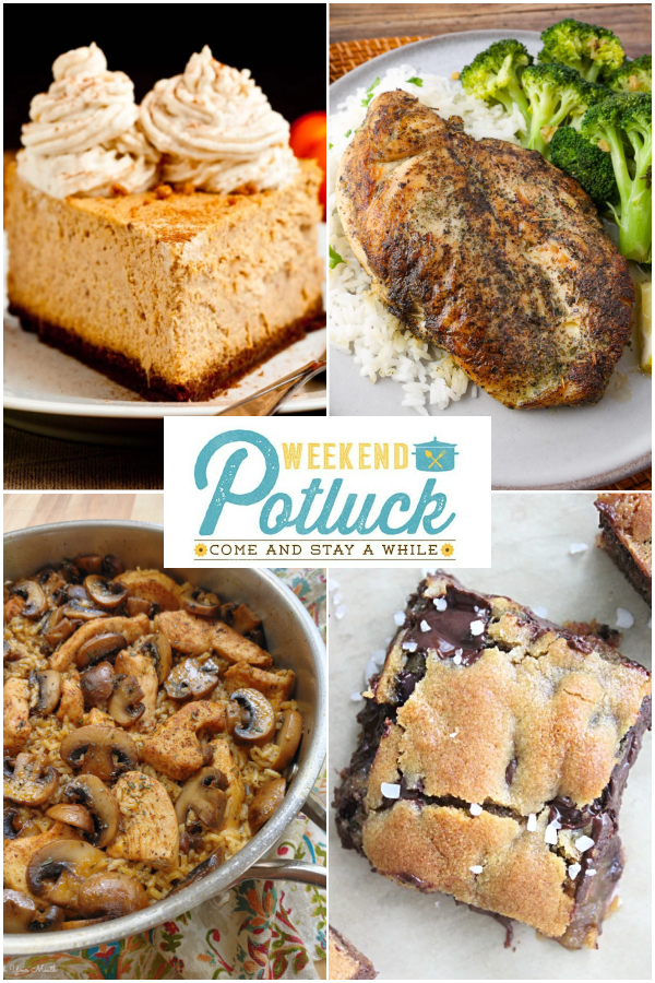 This is a 4 photo collage showing a photo of each recipe featured this week - Salted Caramel Chocolate Chip Bars, Texas Roadhouse Chicken, The Best Pumpkin Cheesecake and Chicken and Mushroom Rice.