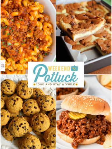 This is a four photo collage showing an image of each recipe featured this week - Old Fashioned Sloppy Joes, Homemade Beefaroni, Mimi's Chocolate Chip Cookie Cheesecake bars and Pumpkin Chocolate Chip Cookies.
