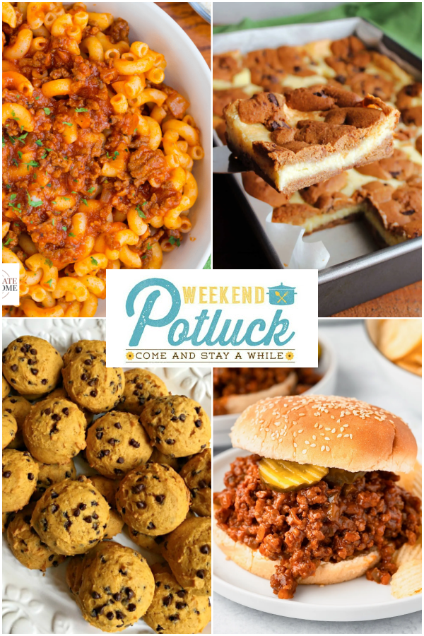 This is a four photo collage showing an image of each recipe featured this week - Old Fashioned Sloppy Joes, Homemade Beefaroni, Mimi's Chocolate Chip Cookie Cheesecake bars and Pumpkin Chocolate Chip Cookies. 