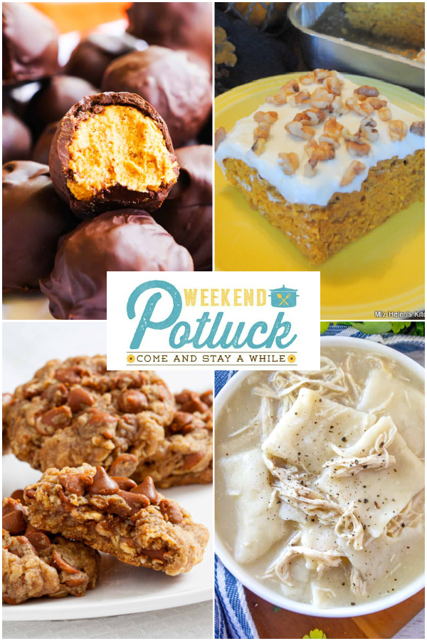 This is a 4 photo collage showing an image of each recipe featured this week - Frosted Pumpkin Walnut Snack Cake, Chewy Pumpkin Oatmeal Cookies, Pumpkin Pie Truffles and Old Fashioned Chicken & Dumplings.