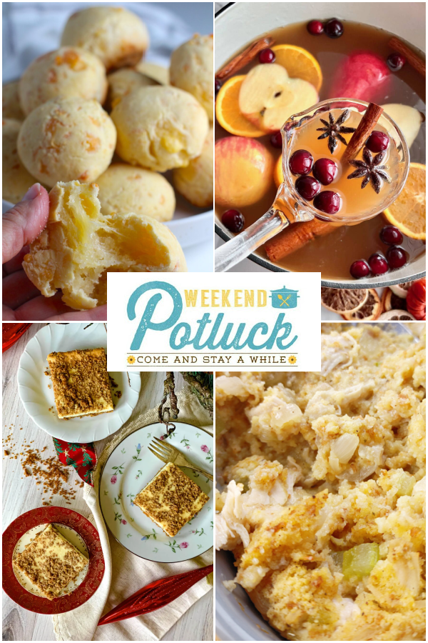 This is a four photo collage showing a photo of each recipe featured this week - Brazilian Cheese Bread Rolls, Thanksgiving Punch, Church Street Cheesecake Squares and Chicken & Dressing Casserole. 
