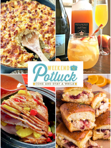 This 4 photo collage shows an image of each recipe featured this week -Loaded Hash Brown Casserole, Turkey Cranberry Brie Sliders, Slow Cooker Holiday Ham and Apple Cider Mimosa Spritzer.