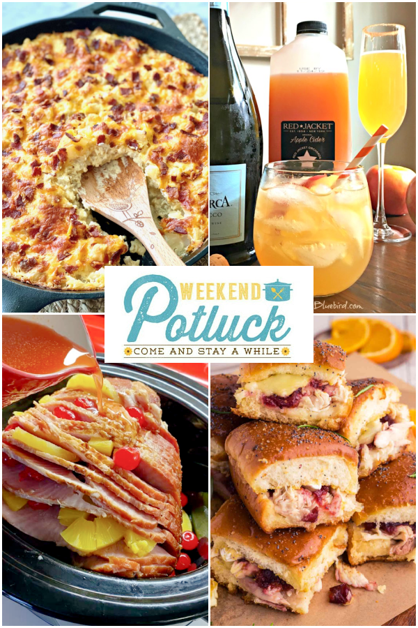 This 4 photo collage shows an image of each recipe featured this week -Loaded Hash Brown Casserole, Turkey Cranberry Brie Sliders, Slow Cooker Holiday Ham and Apple Cider Mimosa Spritzer. 