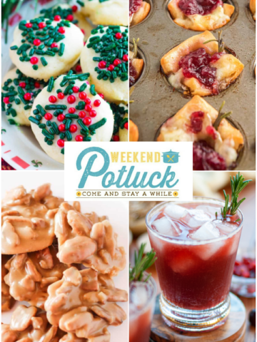 This is a 4 photo collage showing an image of each recipe featured this week - Christmas Butter Cookies, Pecan Pralines (No Candy Thermometer Required), Cranberry Pomegranate Mocktail and Cranberry Brie Bites.