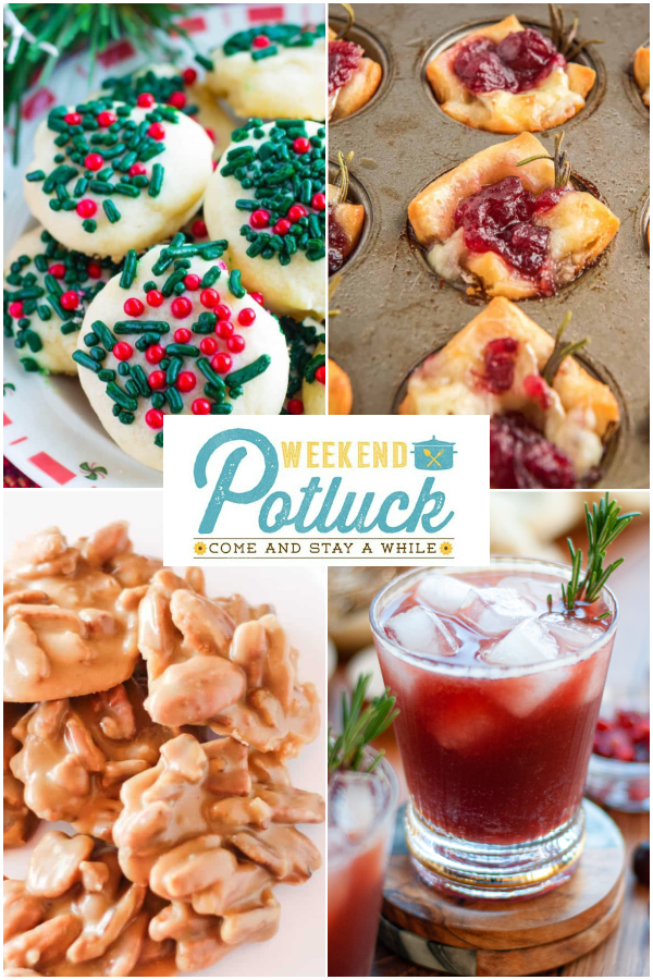 This is a 4 photo collage showing an image of each recipe featured this week - Christmas Butter Cookies, Pecan Pralines (No Candy Thermometer Required), Cranberry Pomegranate Mocktail and Cranberry Brie Bites.