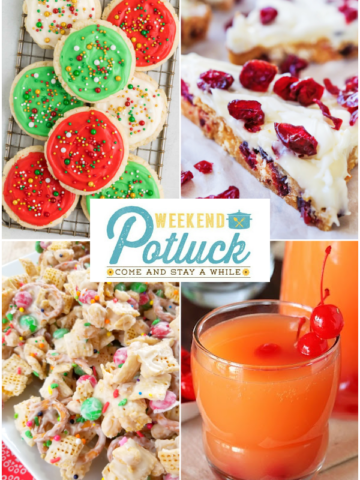 This is a 4 photo collage showing an image of each recipe featured this week - Christmas Sprinkle Sugar Cookies, Grandma's Christmas Punch, Cranberry Bliss Bars and White Chocolate Trash.