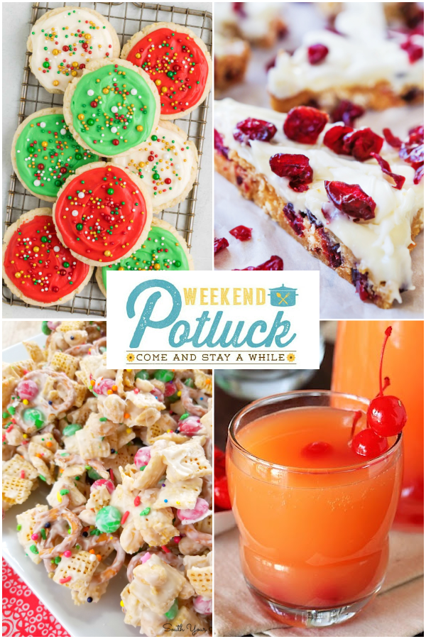 This is a 4 photo collage showing an image of each recipe featured this week - Christmas Sprinkle Sugar Cookies, Grandma's Christmas Punch, Cranberry Bliss Bars and White Chocolate Trash.