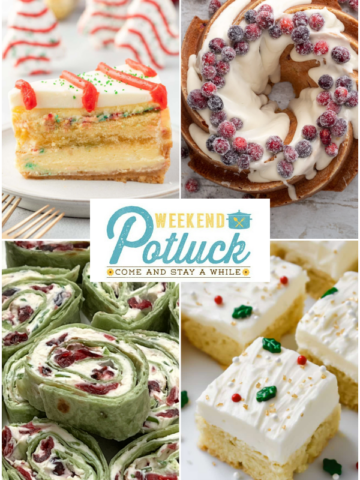 This is a 4 image collage showing a photo of each recipe featured this week - Sugar Cookie Bars, Christmas Cranberry Pound Cake, Little Debbie Christmas Tree Cheesecake and Cranberry Jalapeño Pinwheels.