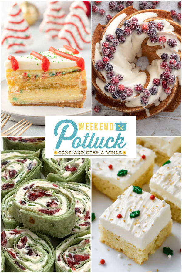 This is a 4 image collage showing a photo of each recipe featured this week - Sugar Cookie Bars, Christmas Cranberry Pound Cake, Little Debbie Christmas Tree Cheesecake and Cranberry Jalapeño Pinwheels.