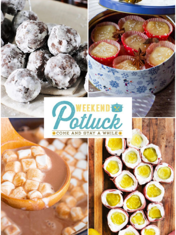 This is a 4 image collage showing a picture of each recipe featured this week - Pickle Roll Ups, Salted Soft Butter Toffee, Rum Balls with Spiced Rum and Crock Pot Creamy Hot Chocolate.