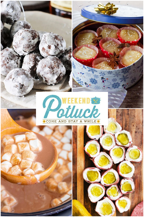 This is a 4 image collage showing a picture of each recipe featured this week - Pickle Roll Ups, Salted Soft Butter Toffee, Rum Balls with Spiced Rum and Crock Pot Creamy Hot Chocolate.