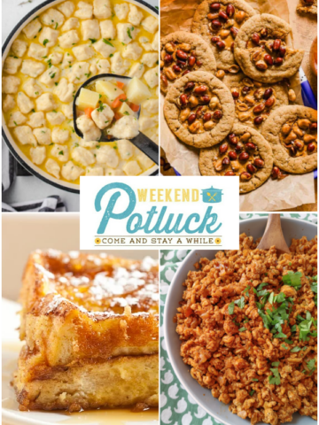 This is a 4 photo collage showing an image of each recipe featured this week - Knoephla Soup (Potato & Dumpling Soup), Nancy Silverton's Peanut Butter Cookies, French Toast Bake and Chipotle Chiken Taco Meat.