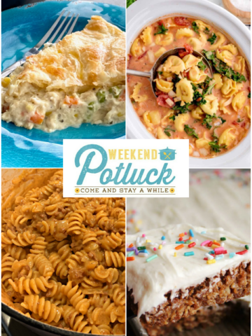 This is a 4 image collage showing a photo of each recipe featured this week - Southern Chicken Pot Pie, Oatmeal Cream Pie Bars, Creamy Tomato Tortellini Soup (Vegetarian), and One-Pot Cheeseburger Pasta.