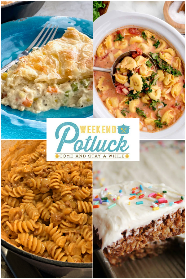 This is a 4 image collage showing a photo of each recipe featured this week - Southern Chicken Pot Pie, Oatmeal Cream Pie Bars, Creamy Tomato Tortellini Soup (Vegetarian), and One-Pot Cheeseburger Pasta. 