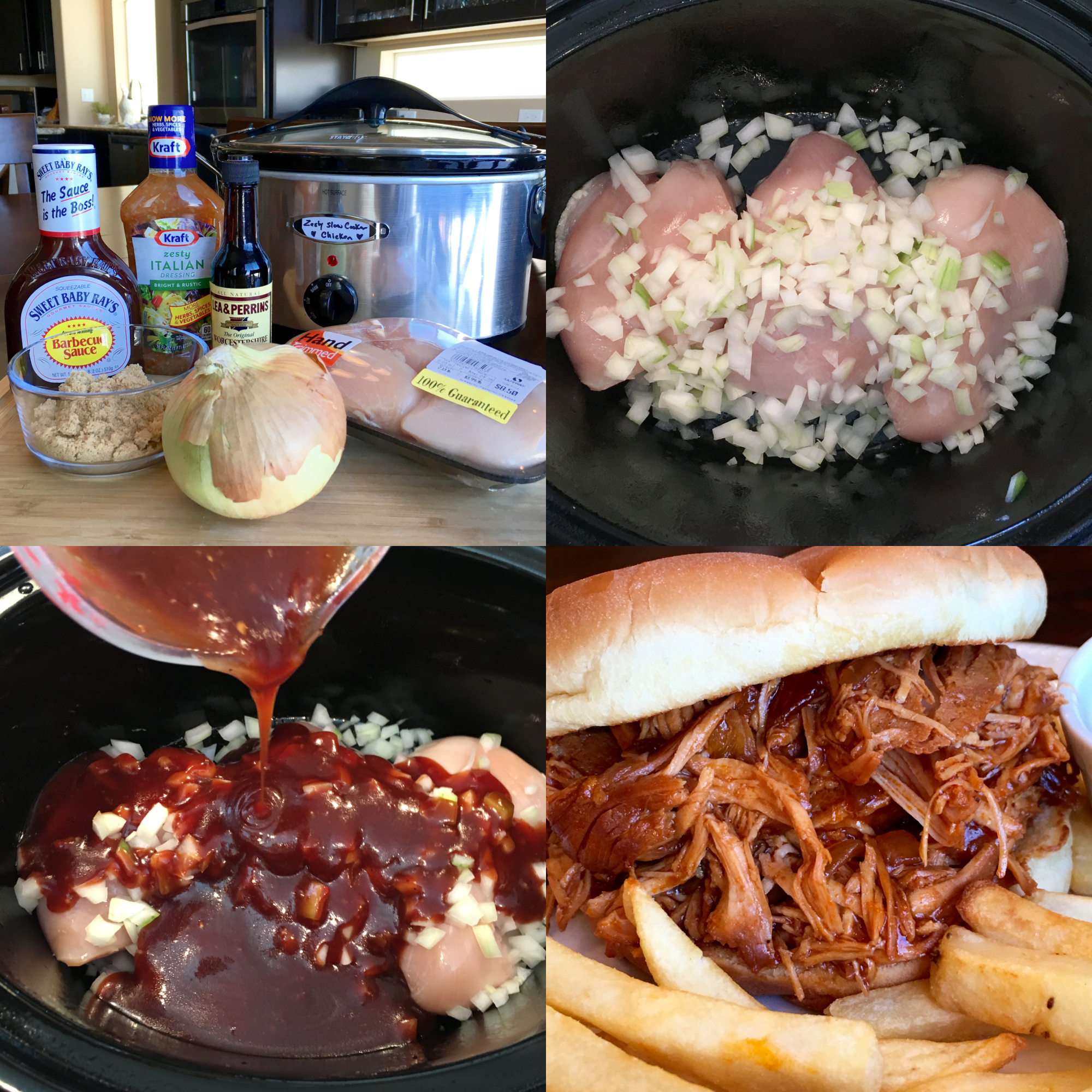 SLOW COOKER ZESTY BARBECUE CHICKEN photo collage with 4 pictures of the process of making the recipe and a sandwich on plate with french fries. 