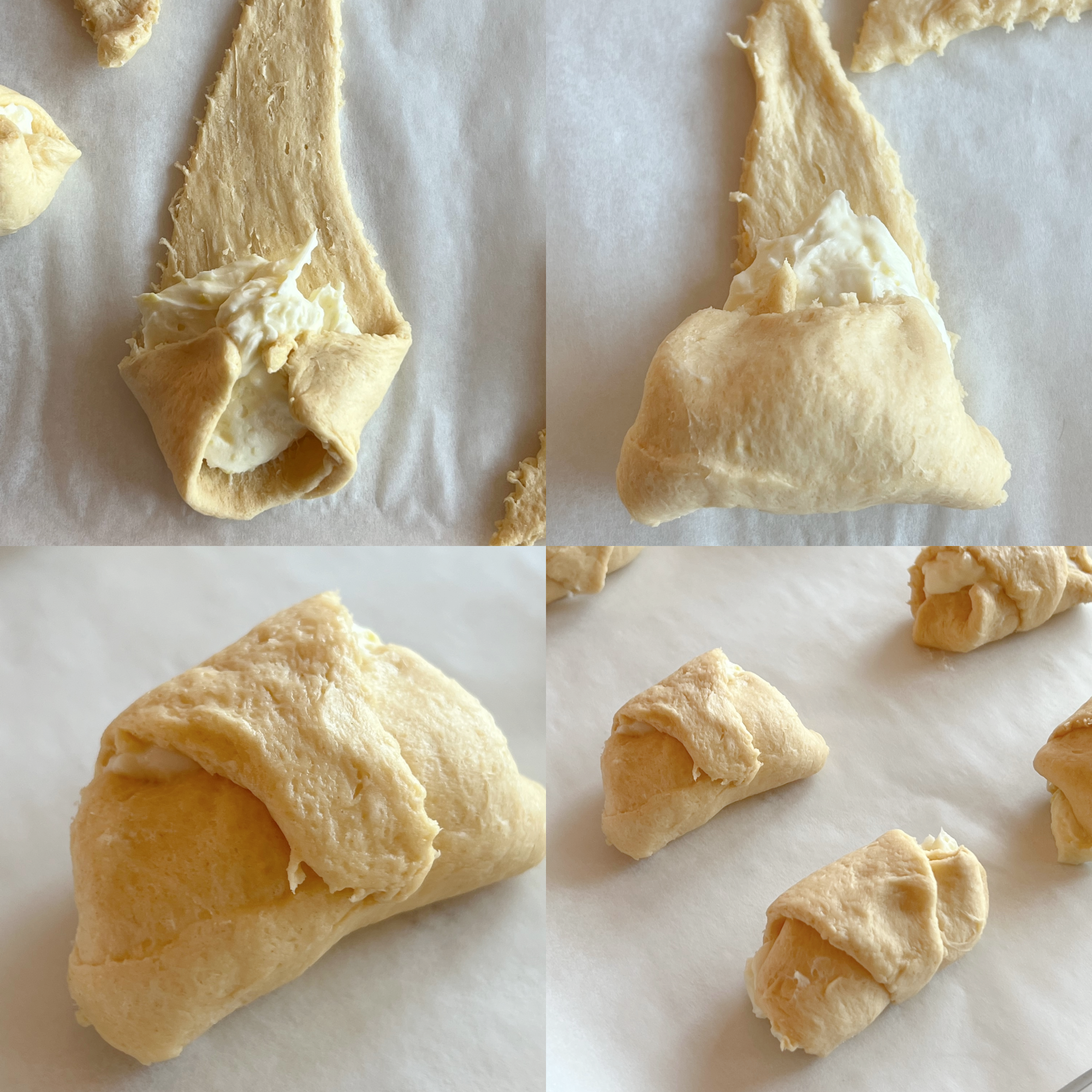 This is a 4 photo collage showing the crescent rolls being filled and rolled with the lemon cream cheese filling. 
