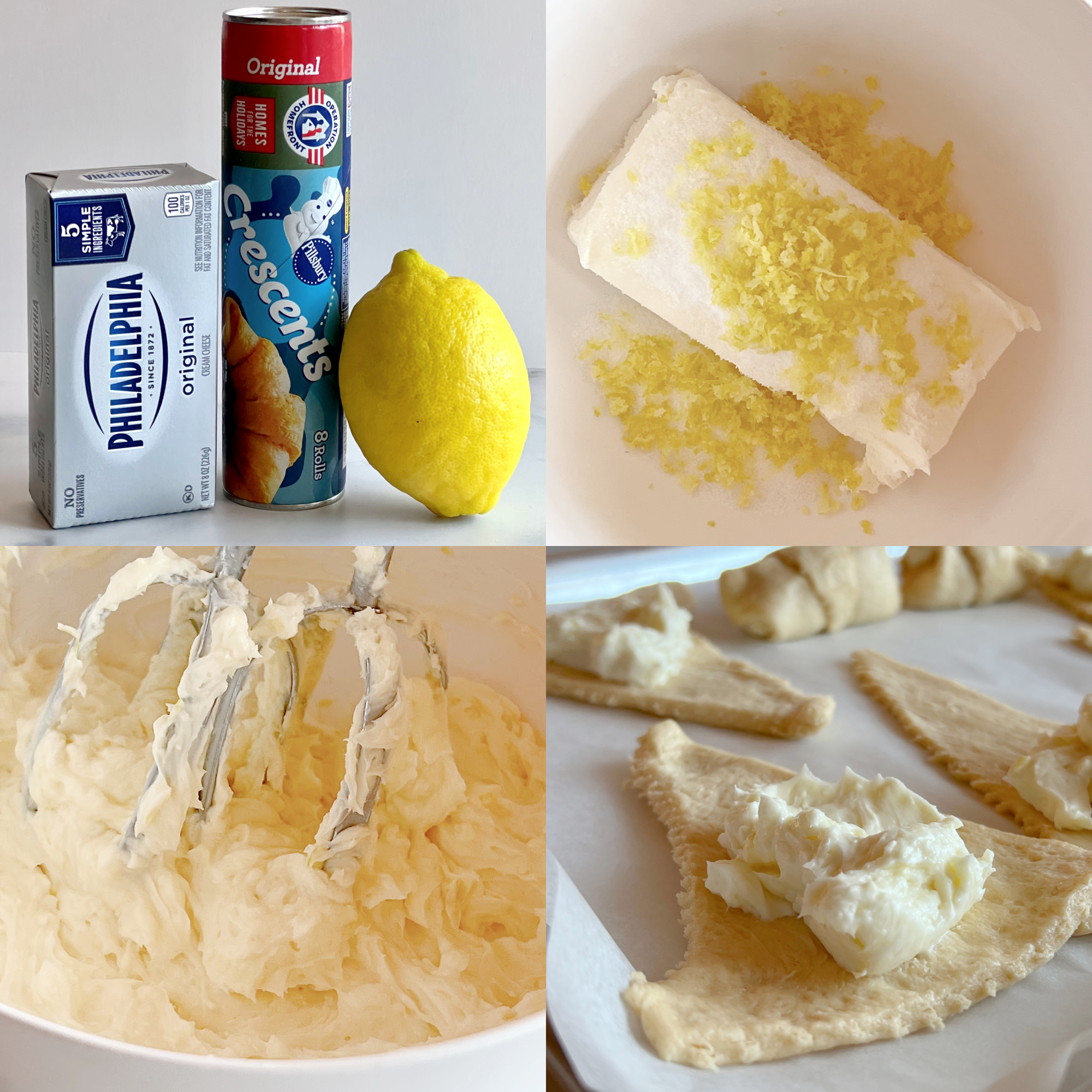 This is a 4 photo collage showing. The top left photo shows a picture of a box of cream cheese, a can of crescent rolls and a lemon. The top right photo shows a white bowl with the cream cheese, sugar and grated lemon peel. The bottom left photo shows the cream cheese filling after mixing. The bottom right photo shows the cream cheese mixture added to the crescent rolls, ready to roll. 