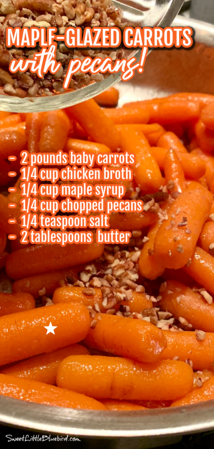 This image shows carrots in a skillet with chopped pecans being poured on top.