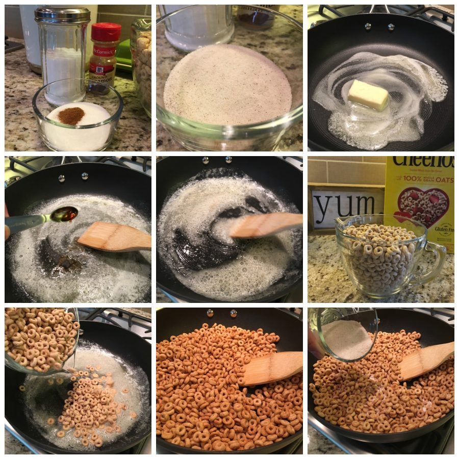 This is a photo collage with 9 images showing Mini Doughnut Hit Buttered Cheerios being made. 