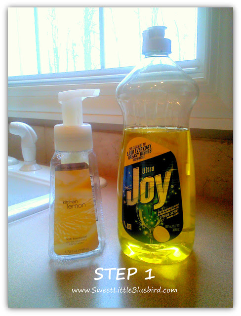 This is a photo of a soap dispenser (from Bath and Body Works) and a bottle of liquid lemon dish soap.