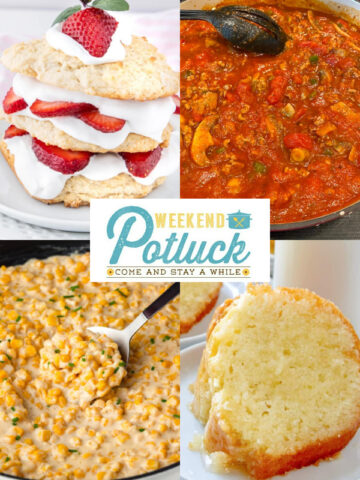 This is a four image collage showing a photo of each recipe featured this week - How to Make Jar Spaghetti Sauce Taste Like Homemade, Honey Butter Skillet Corn, Bisquick Strawberry Shortcake, and Kentucky Butter Cake.