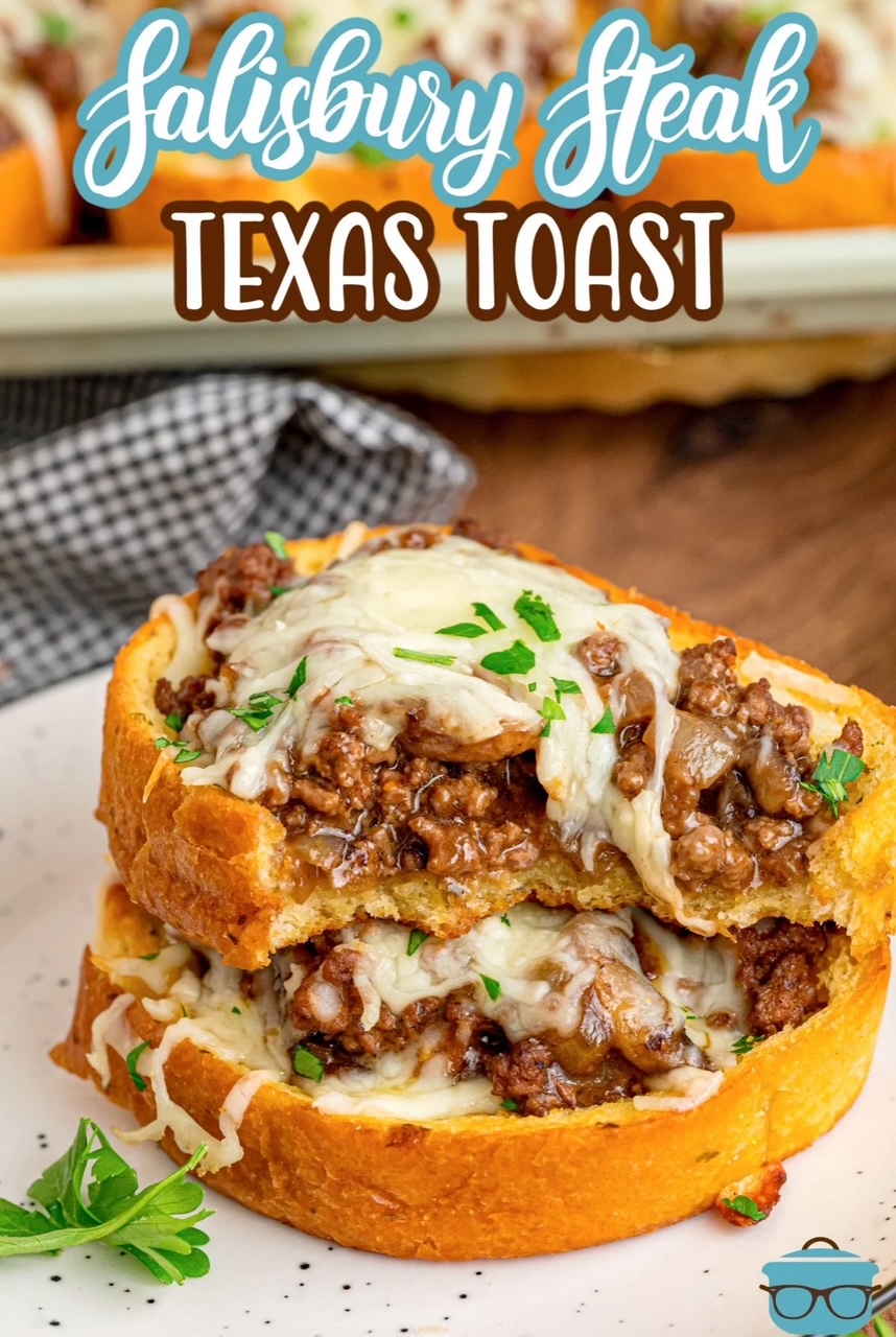 Salsibury Steak Texas Toast Two pieces of Salisbury Texas Toast stacked on top of each other on a white speckled plate.