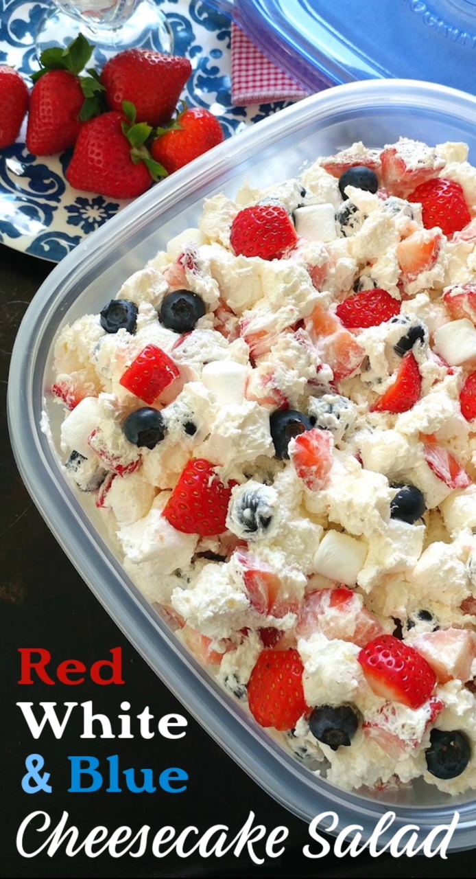 Red, White & Blue Cheesecake Salad Red White and Blue Cheesecake Salad in a clear food storage container.